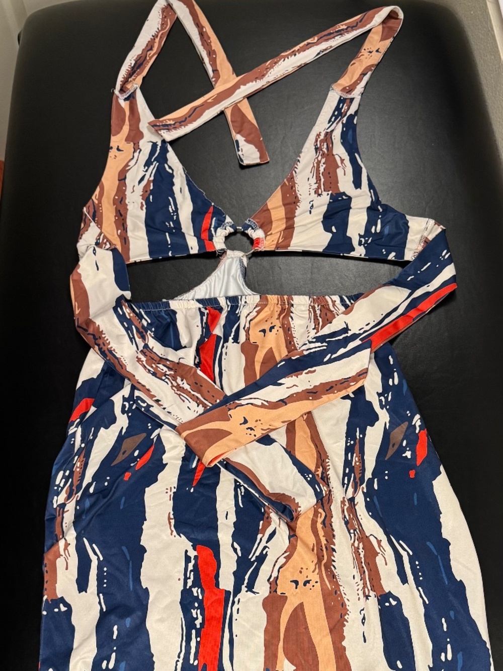 Women's Halter Maxi Dress Cutout O-Ring Abstract Print Navy Cream Brown Backless
